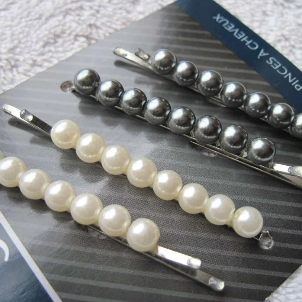4 Goody Fashionow Luxe Shiny White Pearl Beaded Bobby Slide Hair Pins Ball Tips